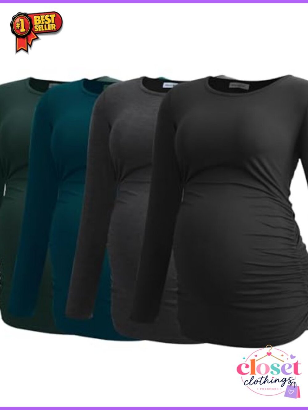 Smallshow Women's Maternity Ruched T-Shirt 4 Pack Long Sleeve Rayon Spandex